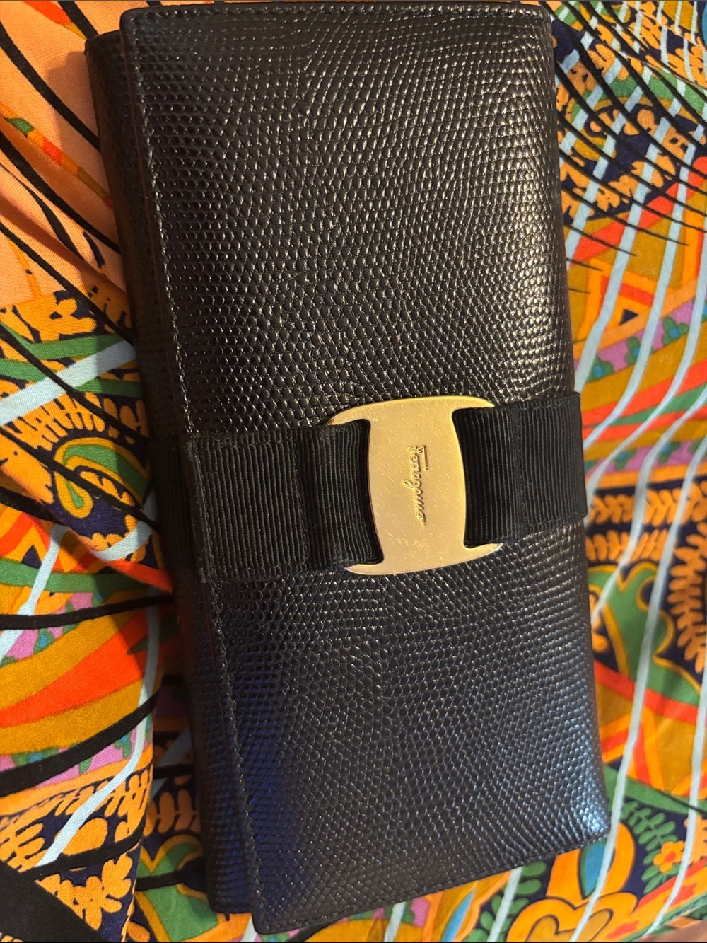 Salvatore Ferragamo Black Textured Leather Wallet with Gold Vara Logo